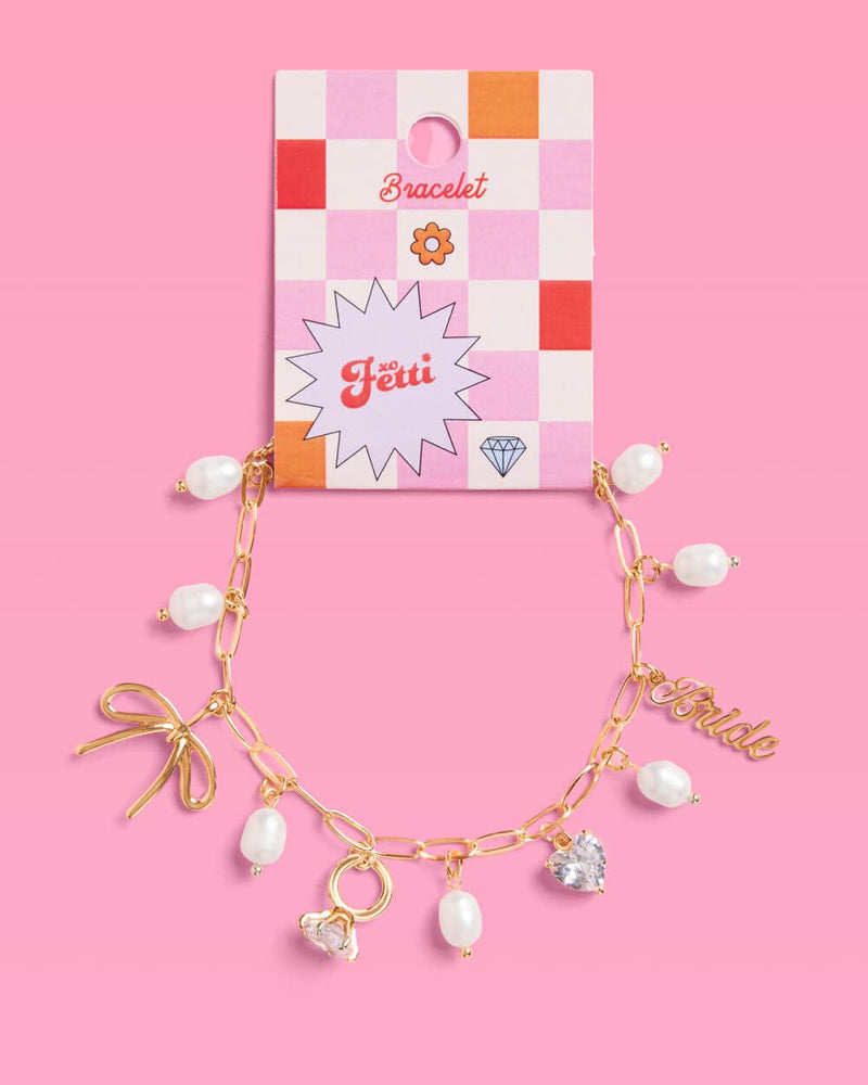 Bride Charm Bracelet - gold, rhinestones + pearls, bachelorette accessory