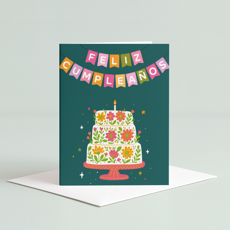 Floral Cake Birthday Card: Purple Background