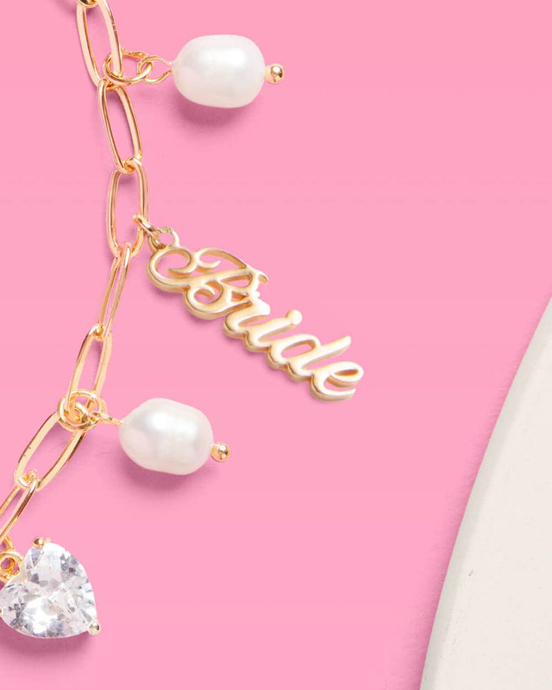 Bride Charm Bracelet - gold, rhinestones + pearls, bachelorette accessory