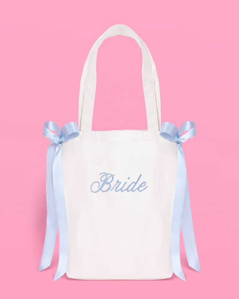 Bride Canvas Tote Bag | White, Blue Bow, Bachelorette, Bride