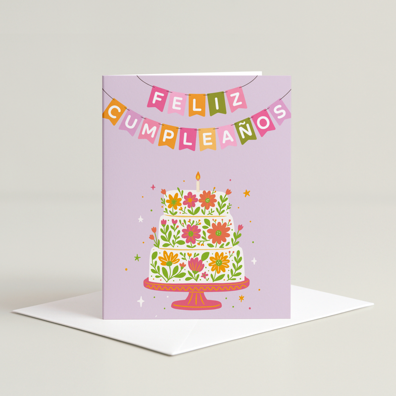 Floral Cake Birthday Card: Purple Background