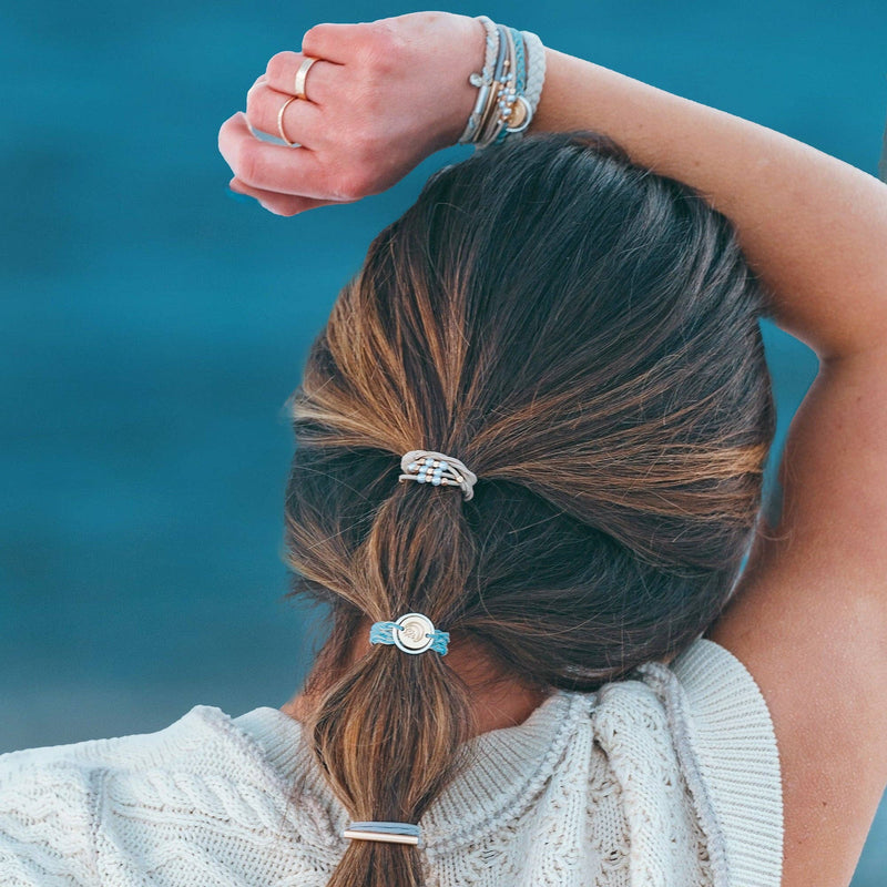 "Wonder" Soft Creams & Blues with Pearls & Gold Hair Tie Bracelets: Medium