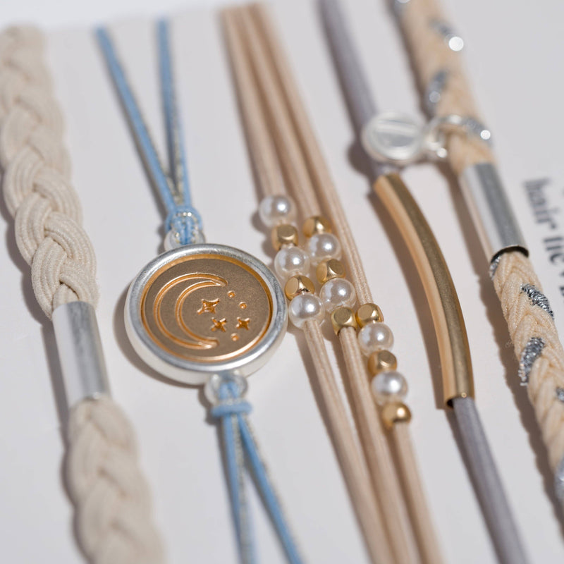 "Wonder" Soft Creams & Blues with Pearls & Gold Hair Tie Bracelets: Medium