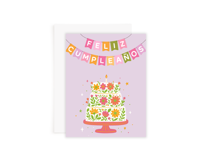 Floral Cake Birthday Card: Purple Background