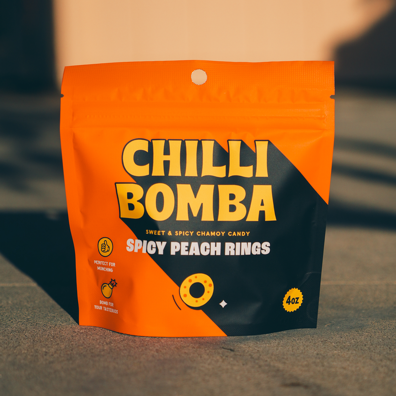 Chilli Bomba Spicy Peach Rings Chili Chamoy Candy 4oz /12ct