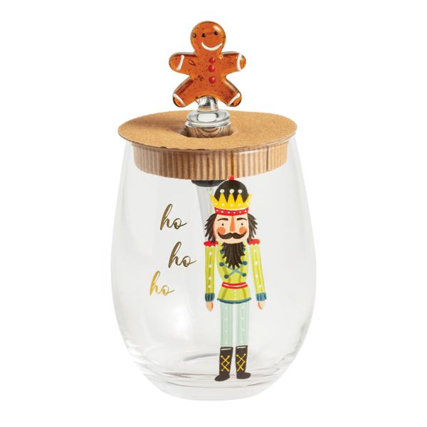 HOLIDAY NUTCRACKER WINE GLASS & STOPPER SET