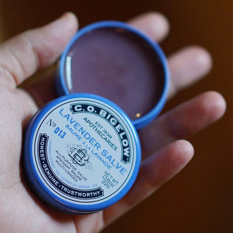 Lavender All-Purpose Salve Tin No. 013 applied to lips