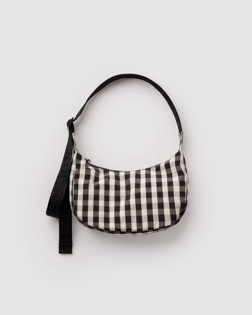 Small Nylon Crescent Bag - Black and Cream Gingham
