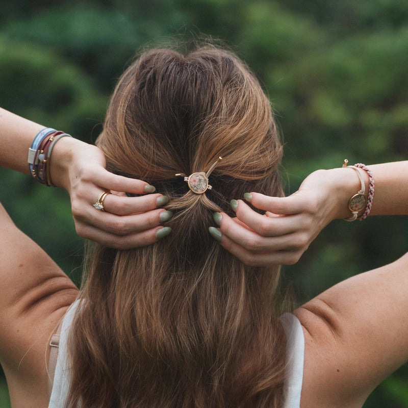 "Bloom" Maroon & Pink with Pressed Flowers Hair Tie Bracelets: Medium