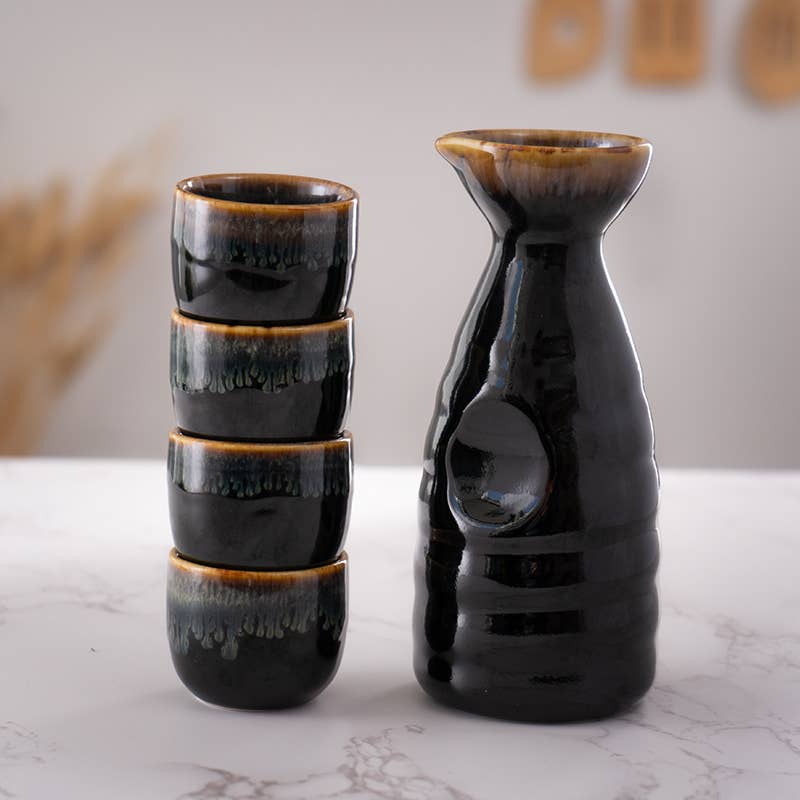 Brown and Black Glazed Sake Bottle & 4 Cups Set