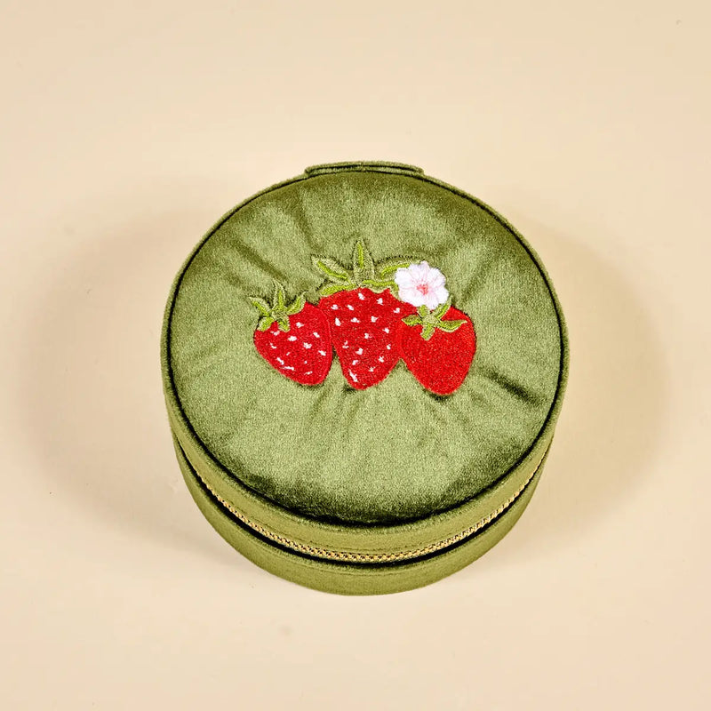 Round Velvet Jewelry Case - Strawberries