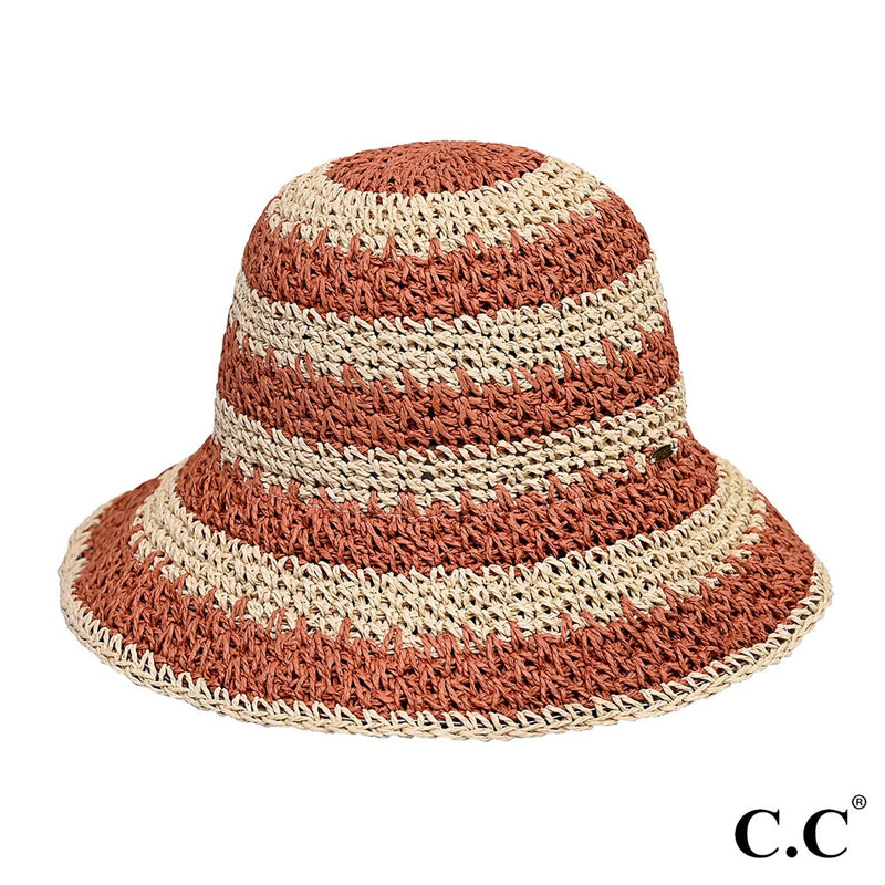 Two Tone Stripes Straw Bucket Hat