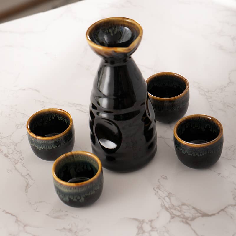 Brown and Black Glazed Sake Bottle & 4 Cups Set