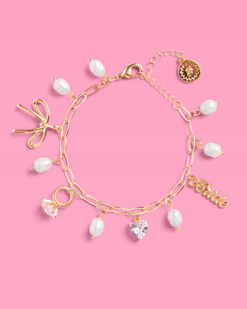 Bride Charm Bracelet - gold, rhinestones + pearls, bachelorette accessory