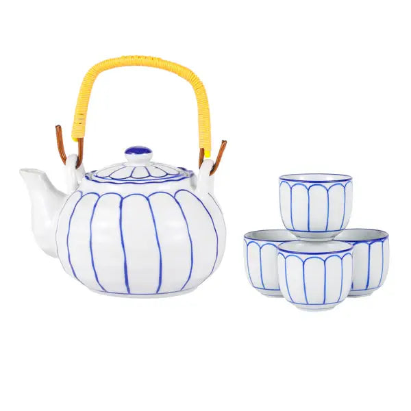 Blue Lines Tea Set 22oz Tea Pot with 4 Cups