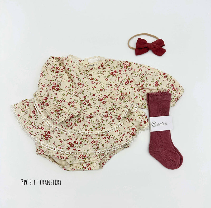 Bella Floral Romper: 2pc set (romper+bow) / 6-9 months