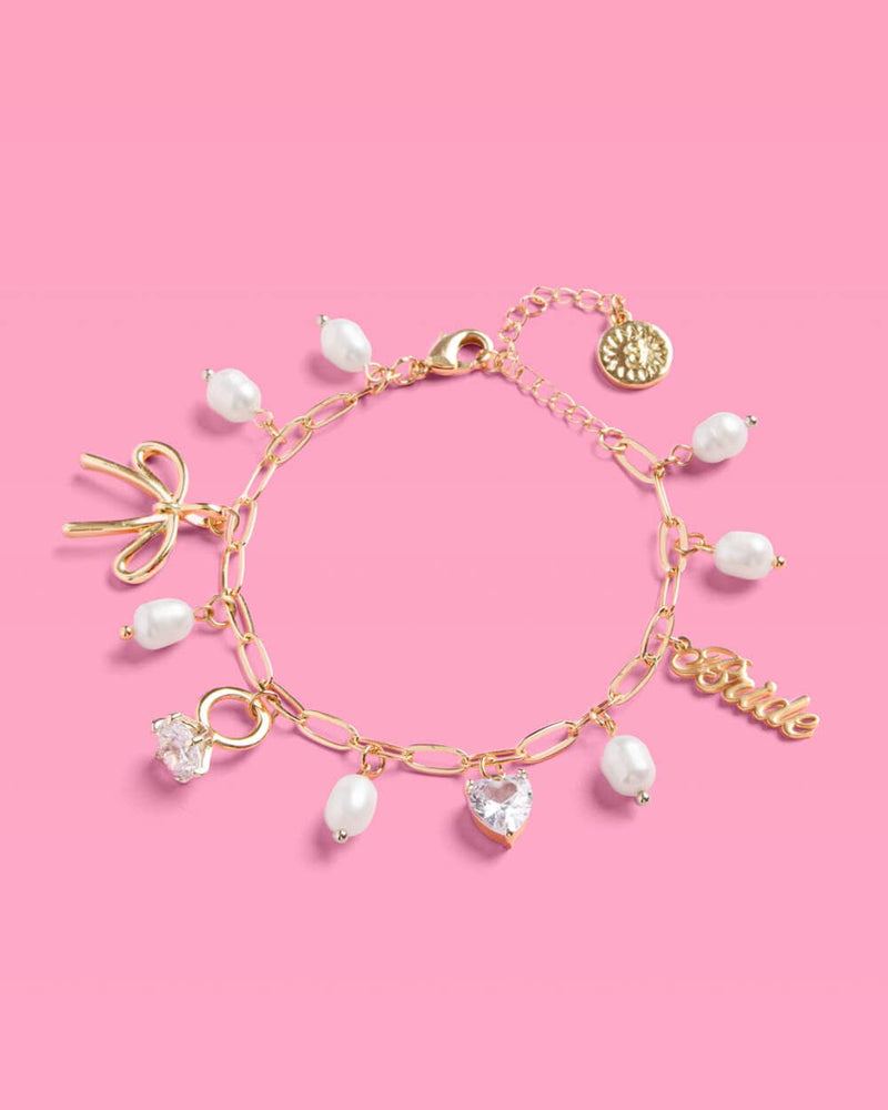 Bride Charm Bracelet - gold, rhinestones + pearls, bachelorette accessory