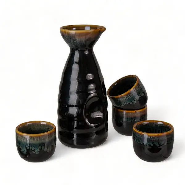 Brown and Black Glazed Sake Bottle & 4 Cups Set