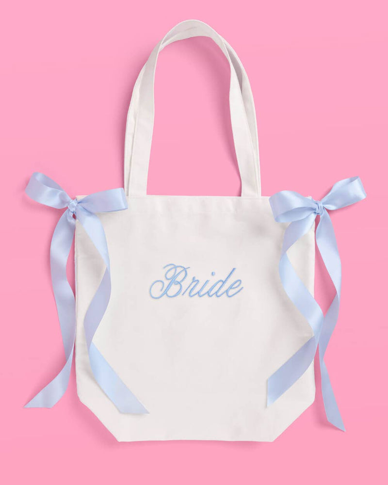 Bride Canvas Tote Bag | White, Blue Bow, Bachelorette, Bride