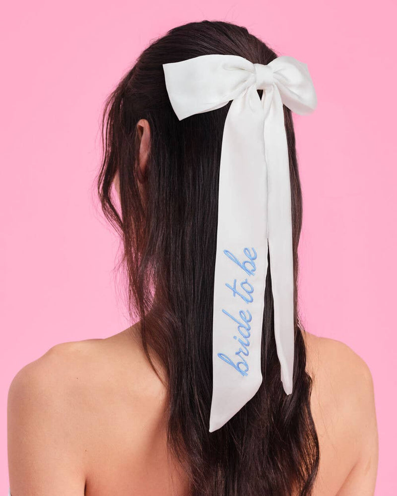 Bride To Be Embroidered Hair Bow | white, blue bridal