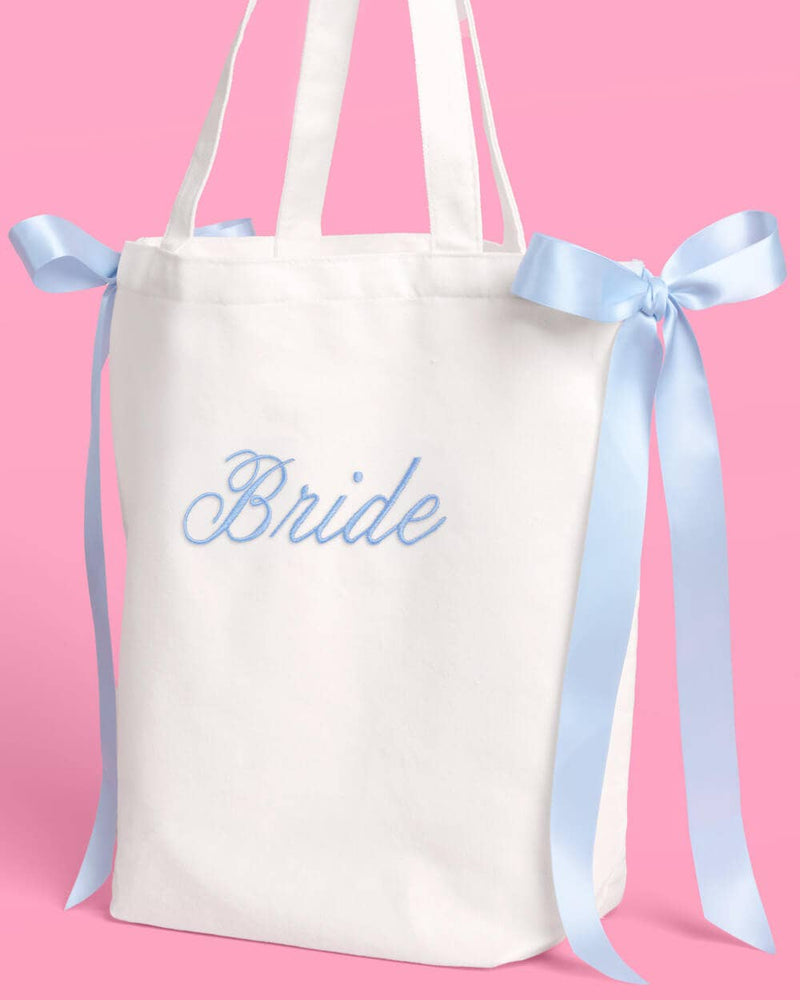 Bride Canvas Tote Bag | White, Blue Bow, Bachelorette, Bride