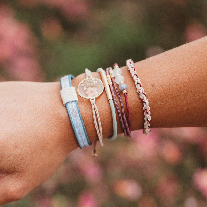"Bloom" Maroon & Pink with Pressed Flowers Hair Tie Bracelets: Medium
