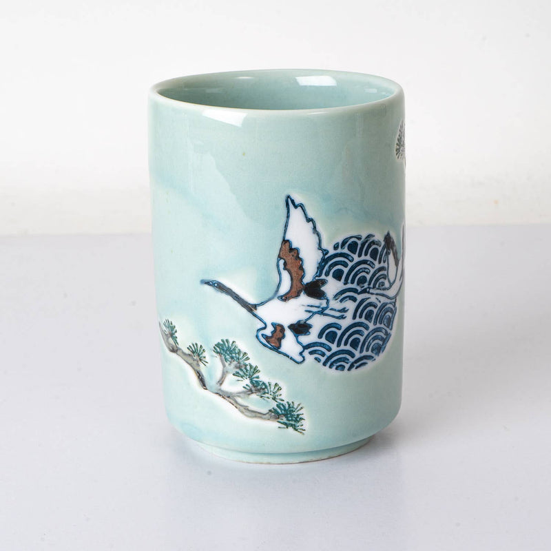 Japanese Crane Yunomi Style Tea Cup Reactive Glaze 10 fl oz