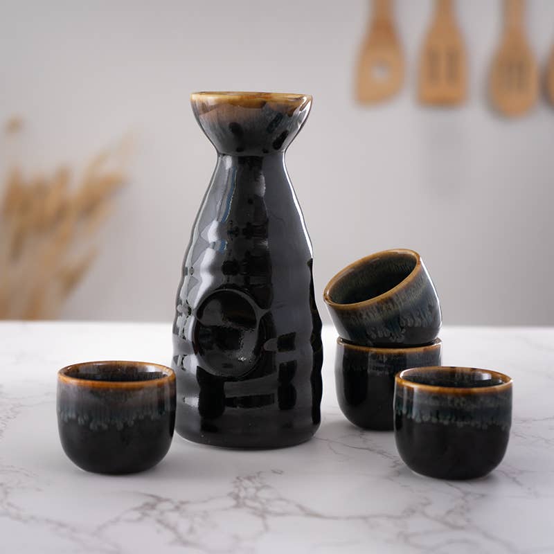 Brown and Black Glazed Sake Bottle & 4 Cups Set