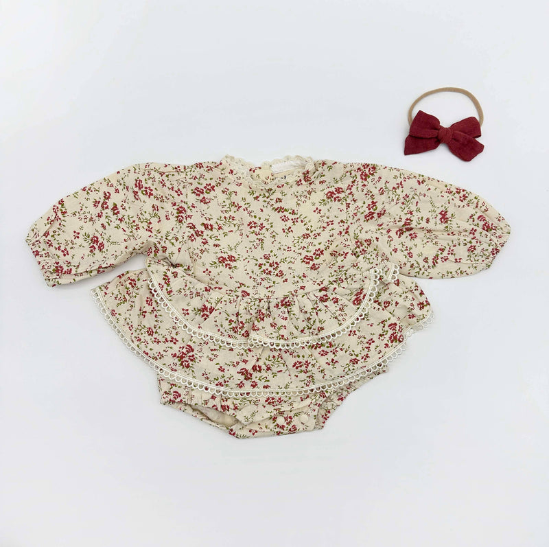 Bella Floral Romper: 2pc set (romper+bow) / 3-6 months