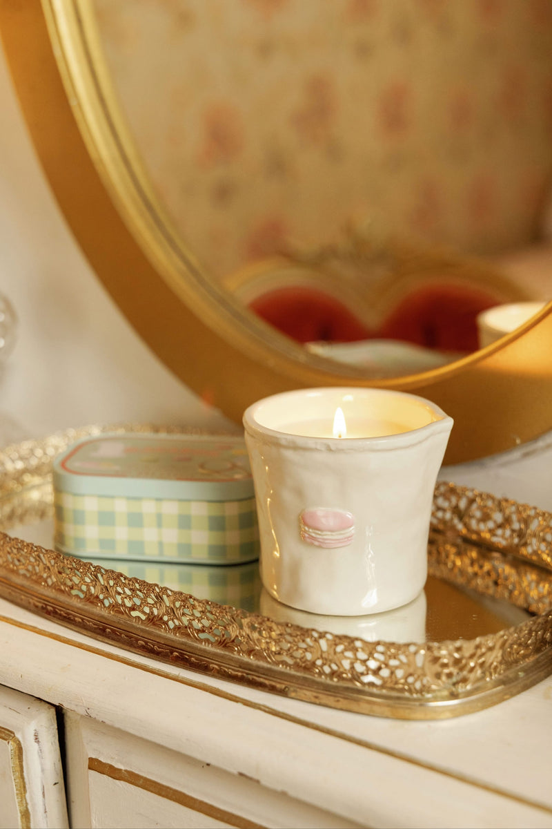 Macaron Bistro candle and tin styled together