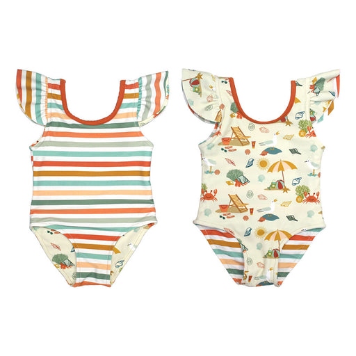 Beach Day and Coral Stripes | Reversible Ruffle Sleeve One Piece Swimsuit - LOCAL FIXTURE