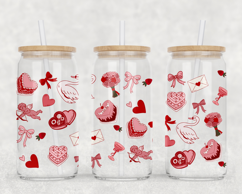 Cupid's Valentine Can Glass With Lid + Straw
