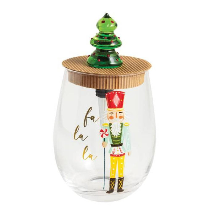 HOLIDAY NUTCRACKER WINE GLASS & STOPPER SET