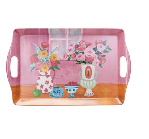 Bamboo Fiber Tray w/ Flowers in Vases & Handles - LOCAL FIXTURE