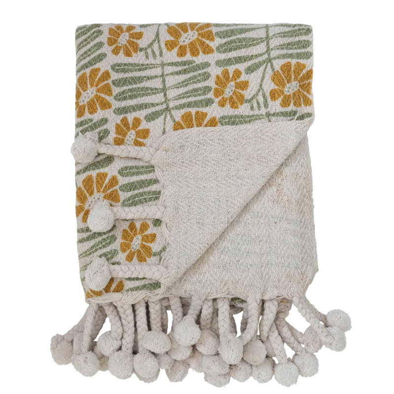 Woven Recycled Cotton Blend Printed Throw | Flowers & Braided Pom Pom Tassels