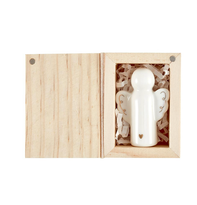 Ceramic Figurine Pine Wood Box - Angel