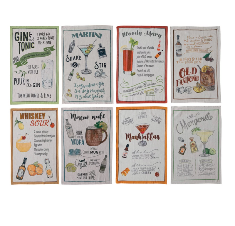 Cotton Chambray Printed Tea Towel w/ Cocktail Recipe & Art
