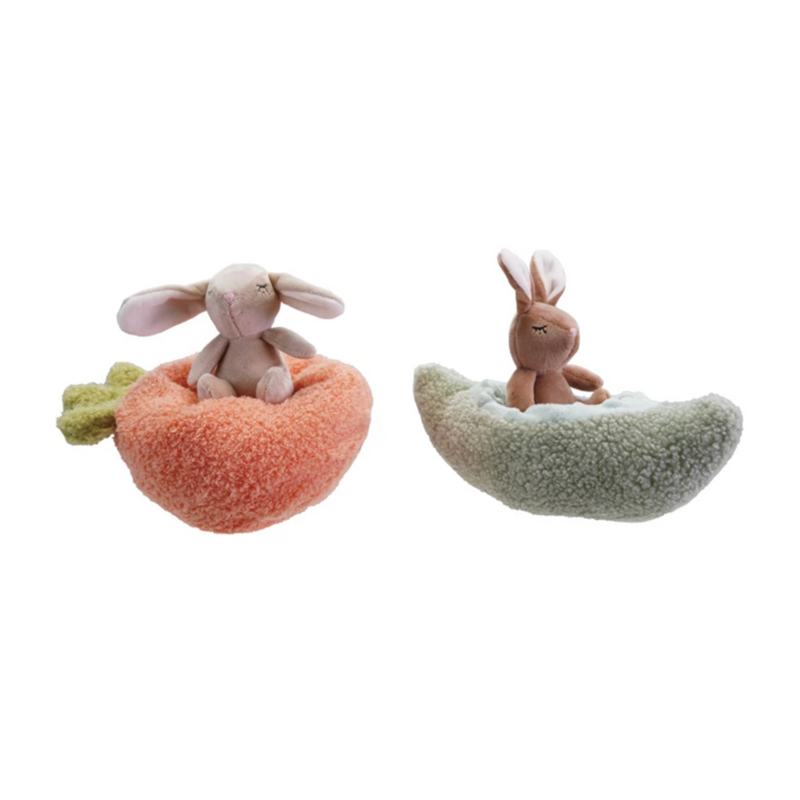 Plush Animal with Carrot/Pod Shaped Bed