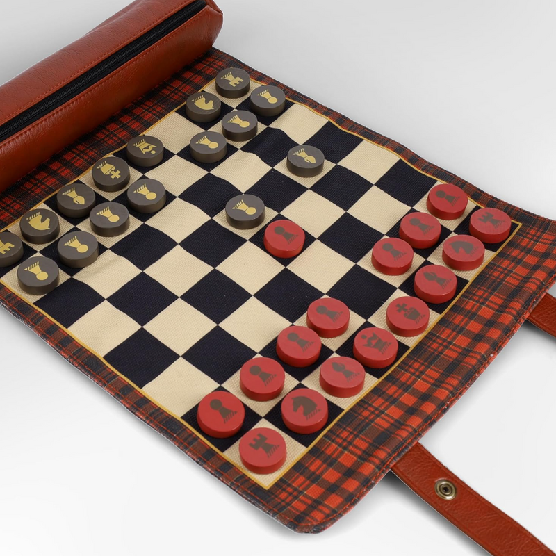 Pendleton Red Black Check Pattern Chess & Checkers | Travel-Ready Roll-Up Game