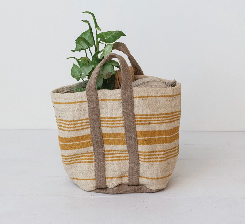Jute & Cotton Tote Bag w/ Stripes & Handles