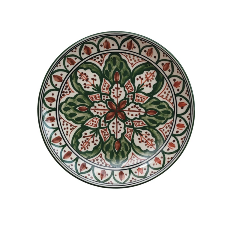 Hand-Painted Stoneware Plate w/ Design | Brown & Green