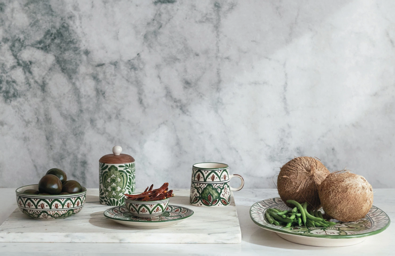 Hand-Painted Stoneware Plate w/ Design | Brown & Green