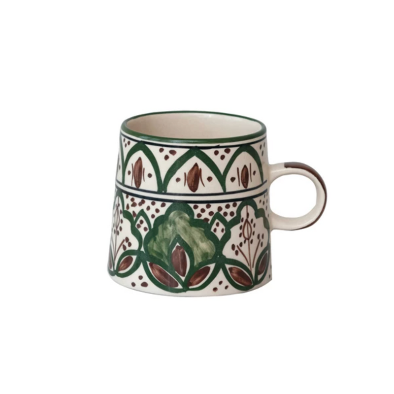 Hand-Painted Stoneware Mug w/ Design | Brown & Green