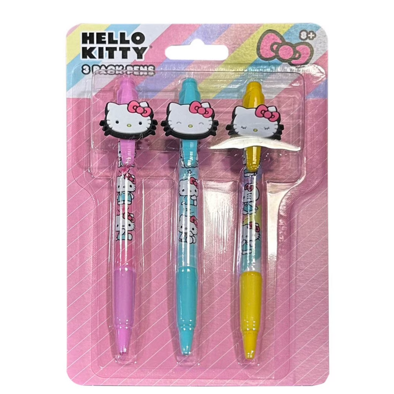 Hello Kitty 3pk Pens with Rubber Character Clip on Card