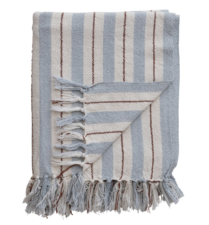Woven Recycled Cotton Blend Striped Throw w/ Fringe | Cozy