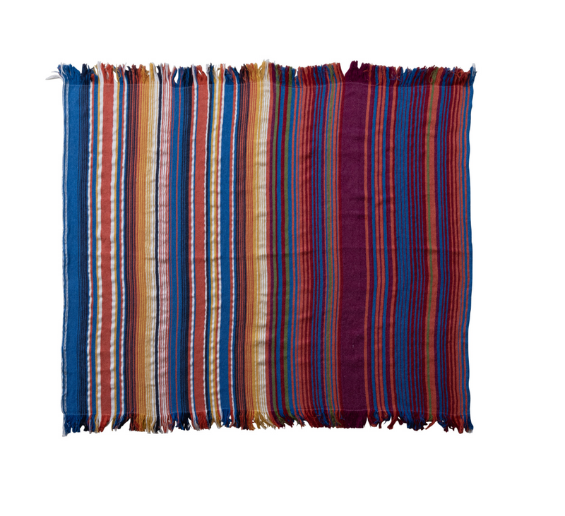Woven Fabric Indoor/Outdoor Striped Throw with Fringe | Multicolor