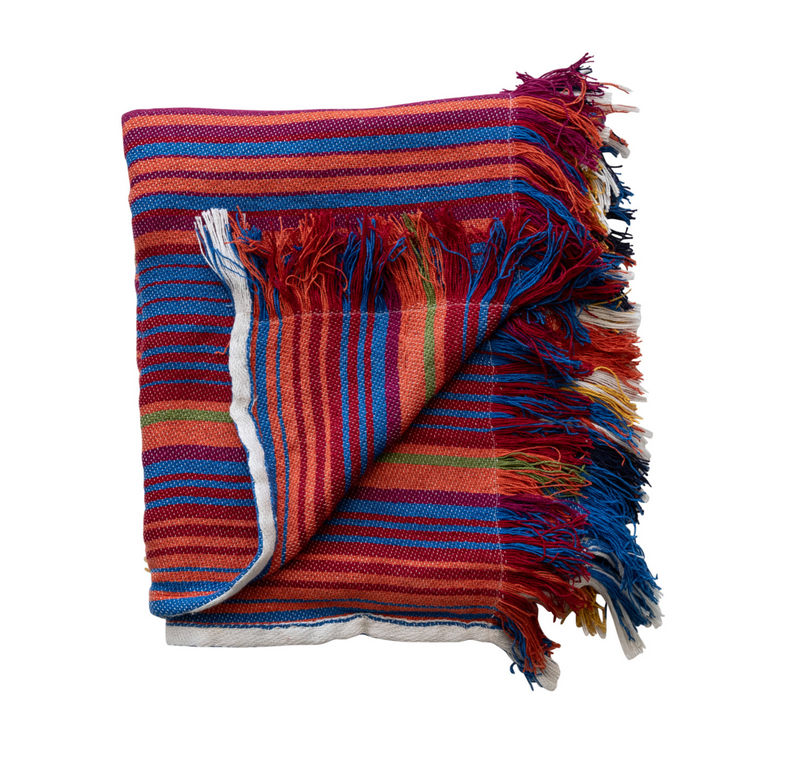 Woven Fabric Indoor/Outdoor Striped Throw with Fringe | Multicolor