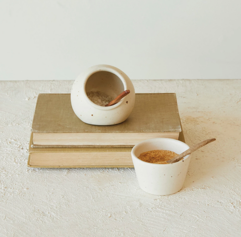 Stoneware Salt Cellar w/ Mango Wood Spoon | Set of 2