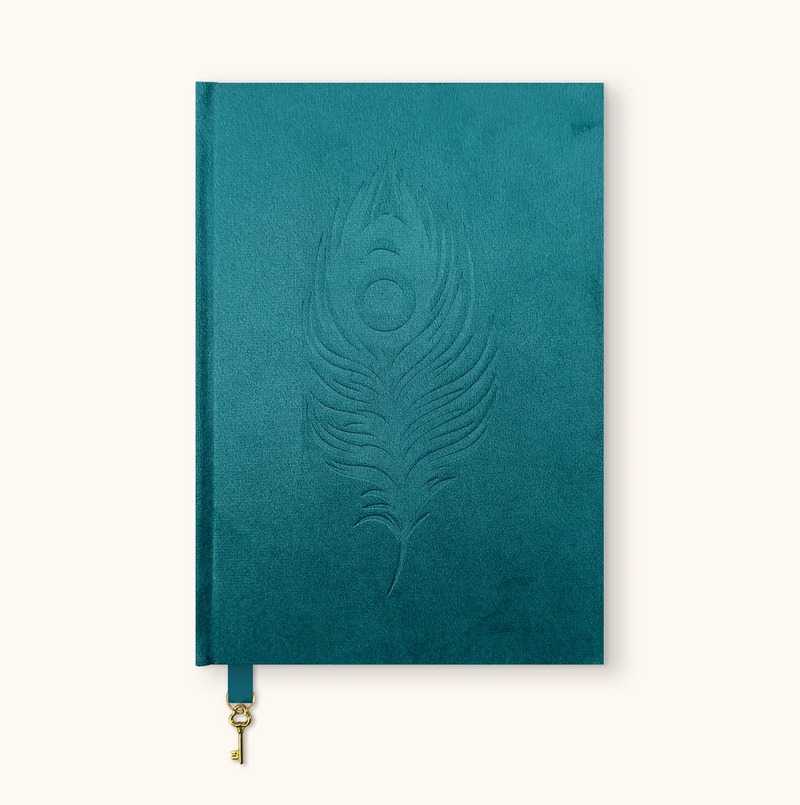 Peacock Blue Feather Olivia Velvet A5 Journal
