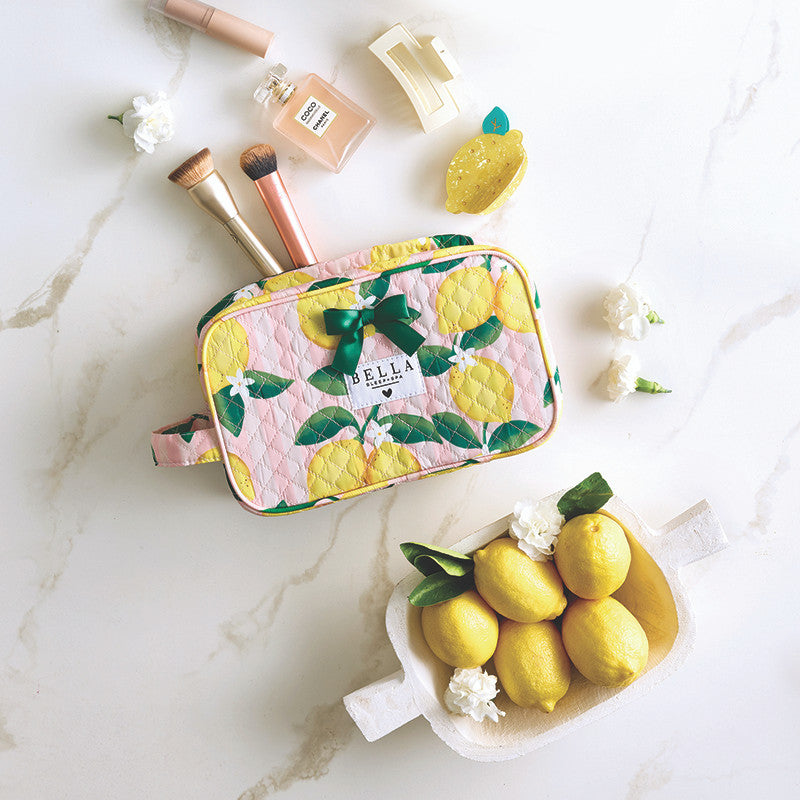 Quilted Cosmetic Bag - Pink Stripes + Lemons